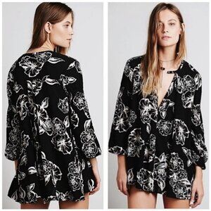 Free People Black Cream Floral Tree Swing Tunic Mini Long Sleeve Key Hole Dress